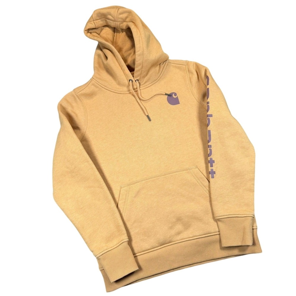 Carhartt Relaxed Fit Hoodie Womens Small Ginger Purple Logo Sleeve Graphic Work